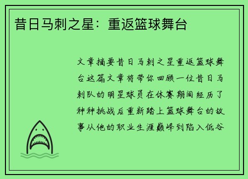 昔日马刺之星：重返篮球舞台