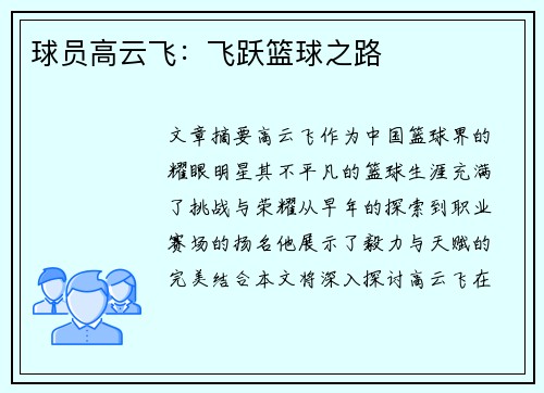 球员高云飞：飞跃篮球之路