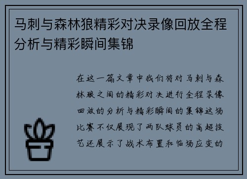 马刺与森林狼精彩对决录像回放全程分析与精彩瞬间集锦
